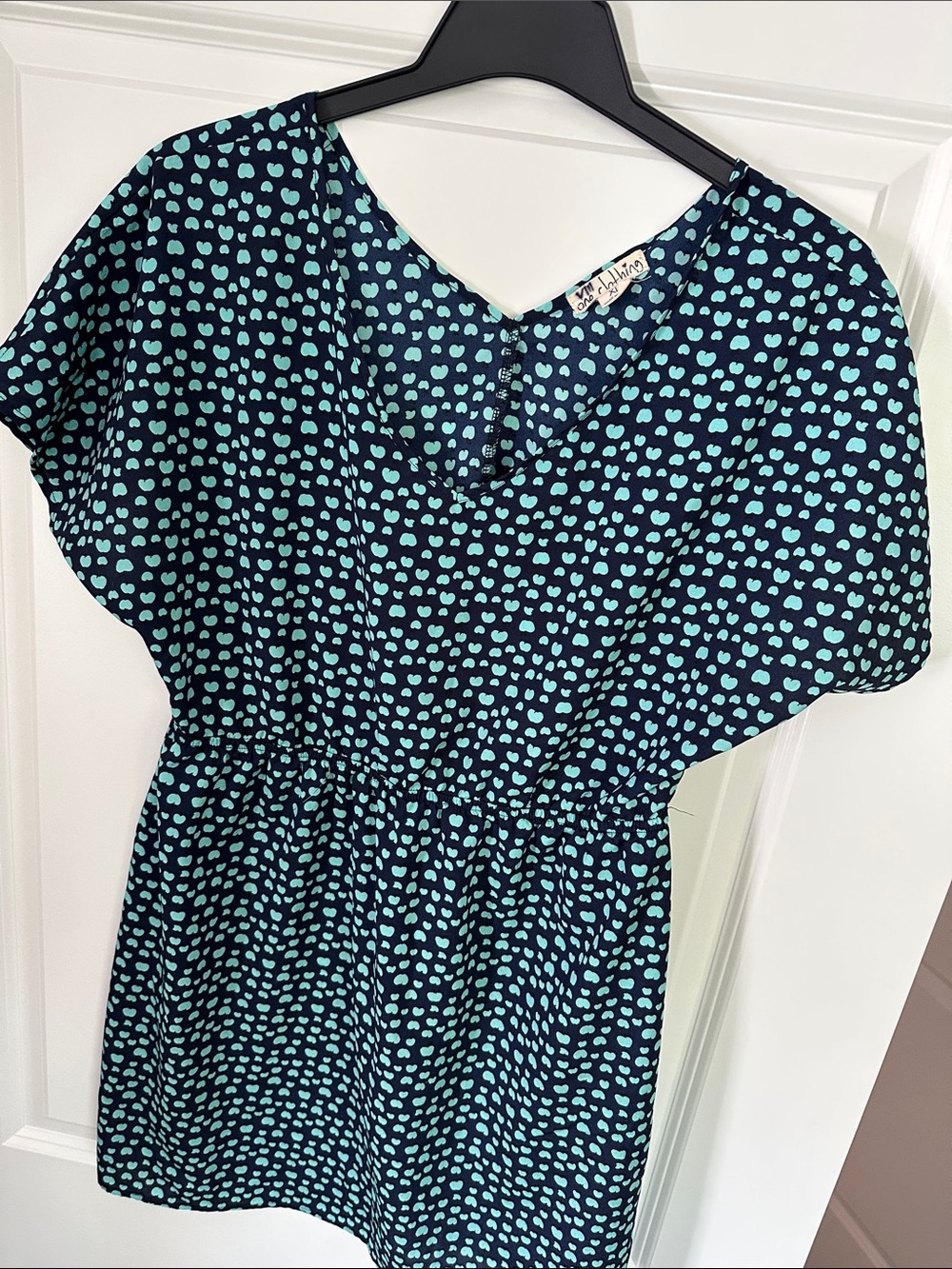 Navy Dress with Mint Heart Print — V-Neck Elastic Waist